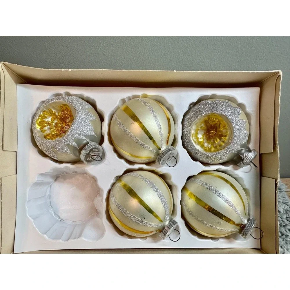 Vintage West Germany Glass Reflector Ornaments Set (5) Hand Painted Bavaria